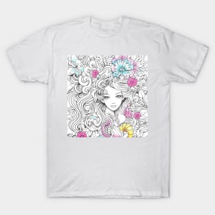 Young Woman's Flowing Hair Merging with Natural Elements T-Shirt